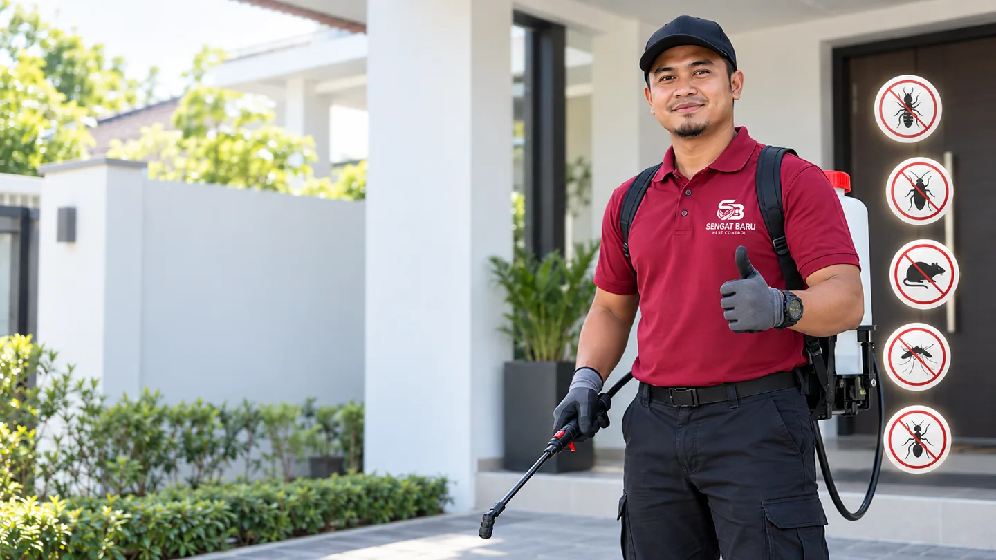 Visual promosi technician Sengat Baru dalam uniform maroon di premis kediaman